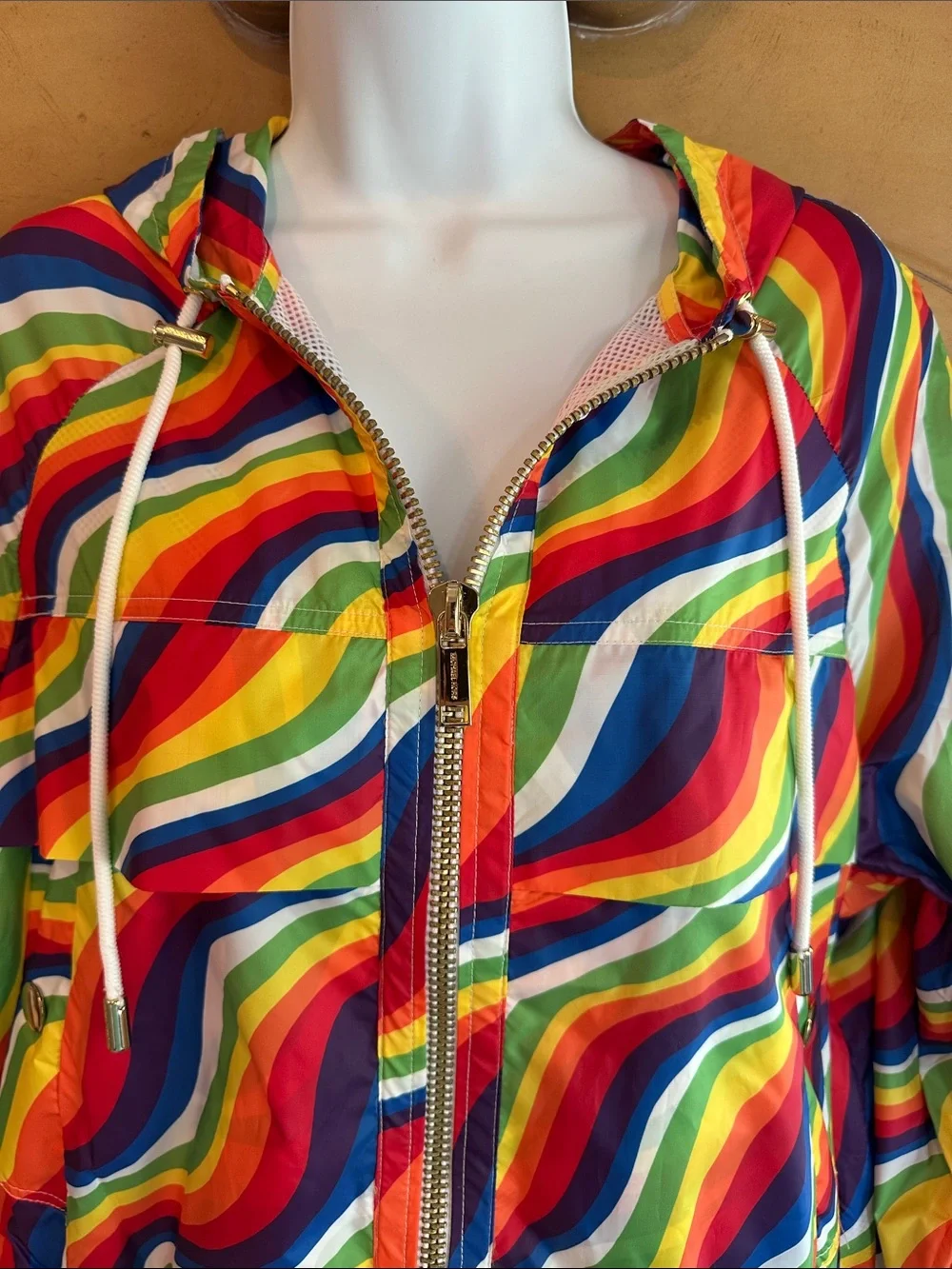 NWT Michael Kors Rainbow Wave Zip-Front Hooded Bomber Jacket - Multicolor